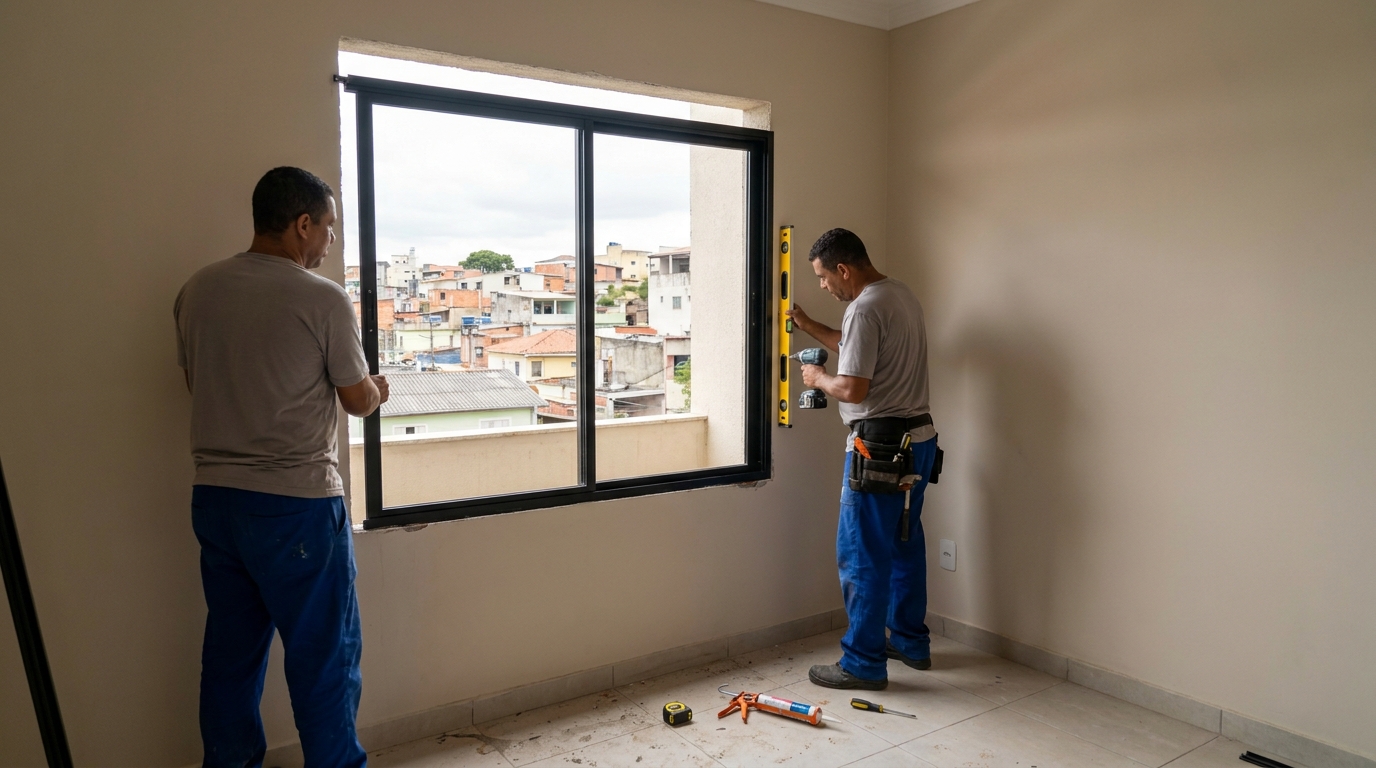 Esquadria de alumínio em quarto bege em Bauru-SP