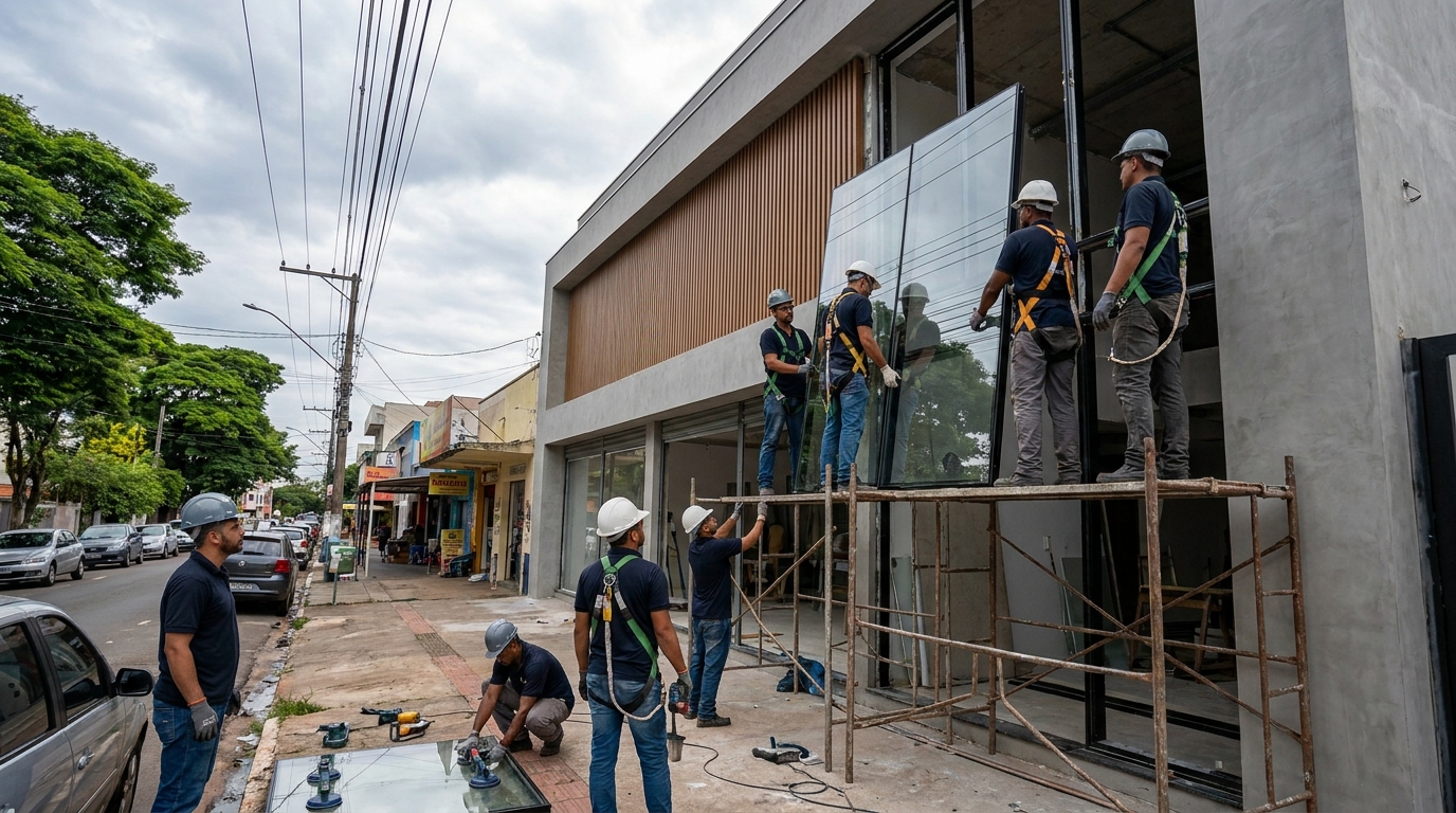 Fachada de vidro com andaime lateral em Bauru-SP