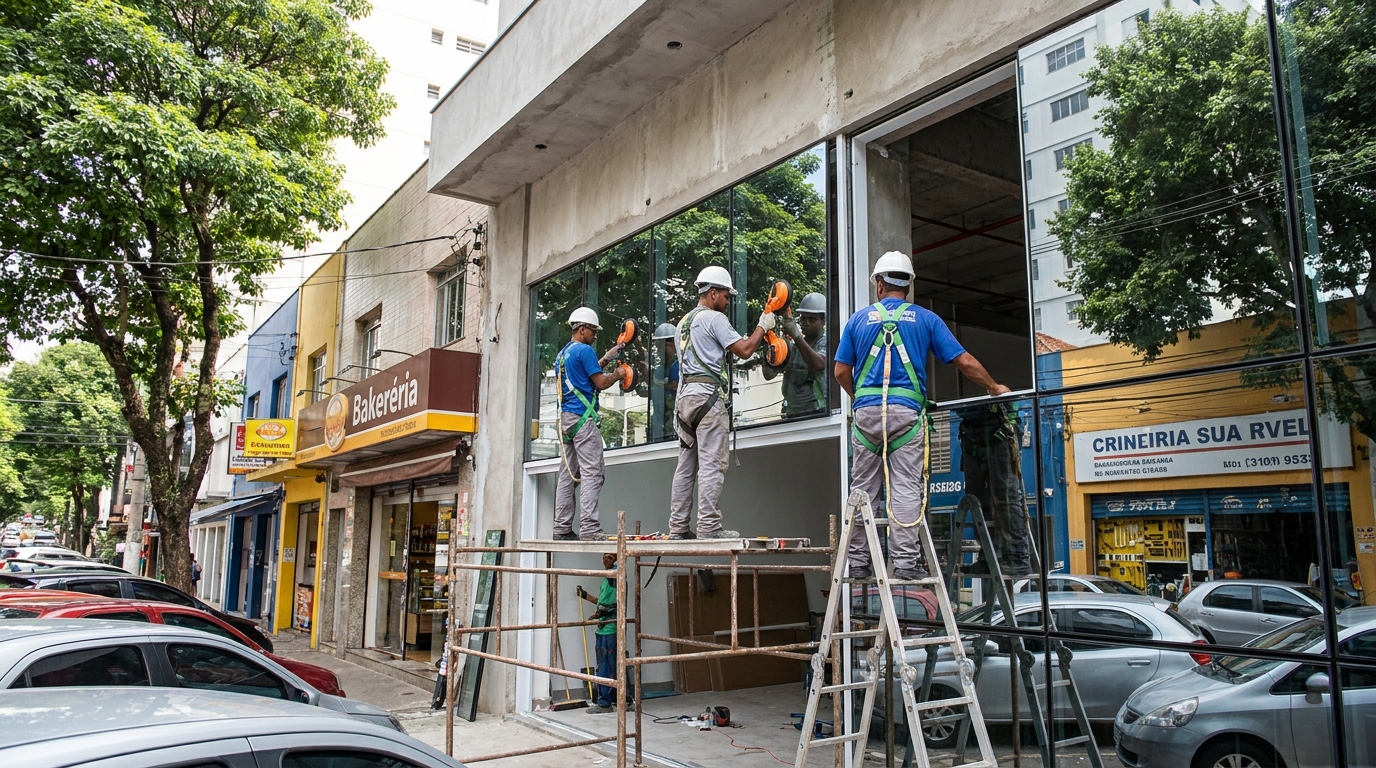 Fachada de vidro com confeitaria vizinha em Bauru-SP
