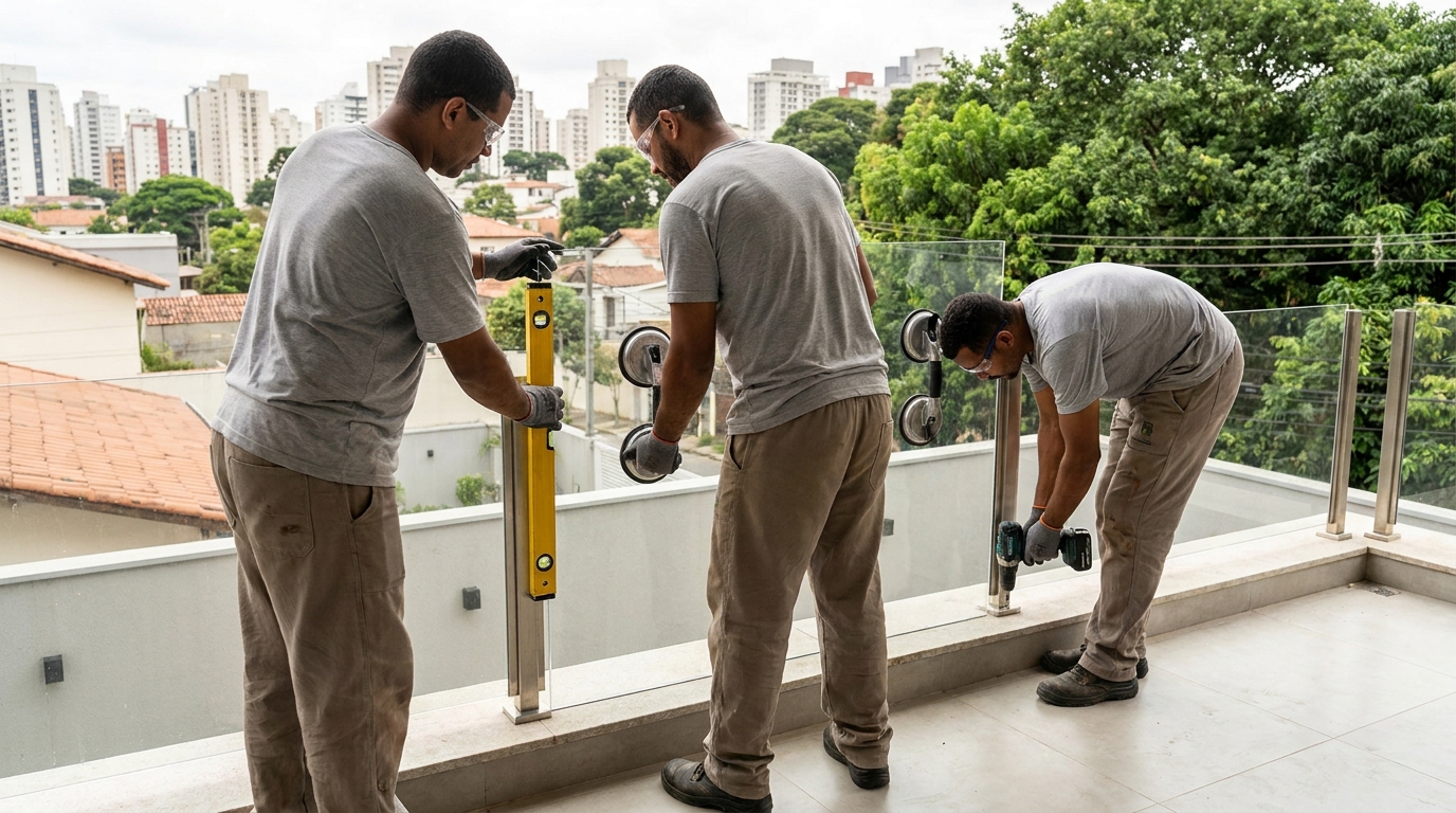 Guarda-corpo em terraço alto com vista cidade em Bauru-SP